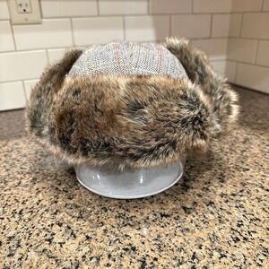 Jaxon JAXON Trapper Hat Men L Grey Wool Blend Tweed Herringbone Plaid